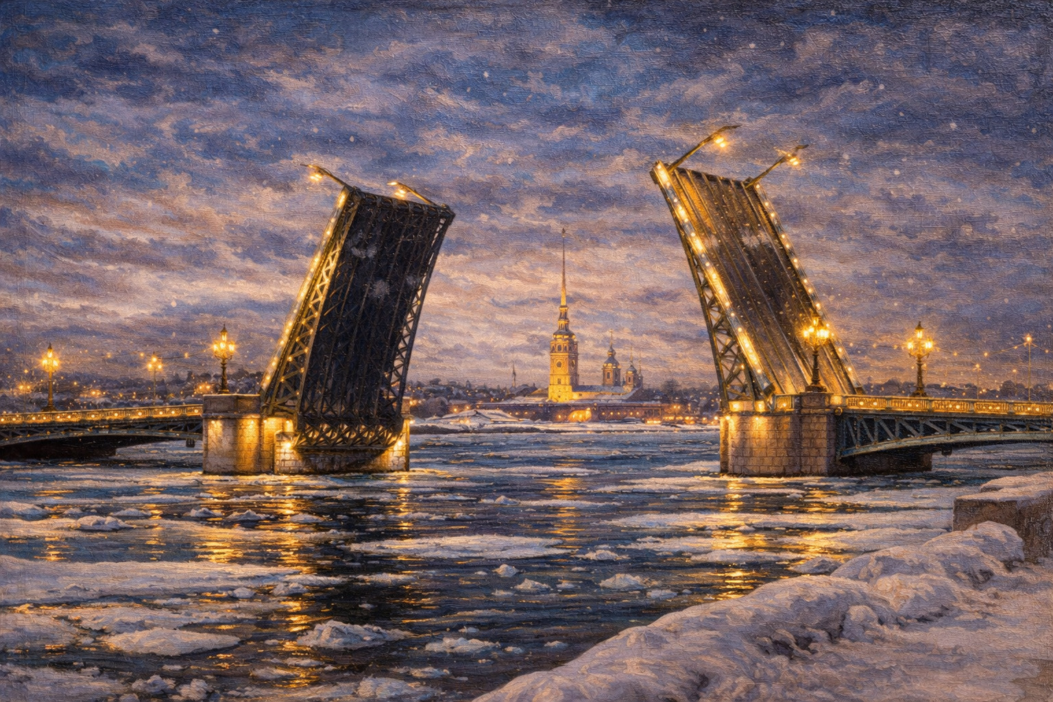 Разводят мостов в Санкт-Петербурге зимой